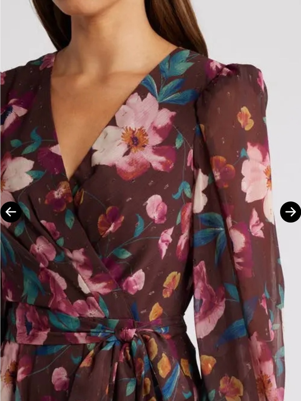 Eliza J Brown Floral Wrap Midi Dress with Pink & Blue Blooms - Picture 3 of 13